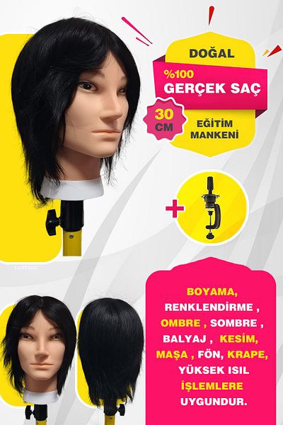 TAM TARZ 100% Real Hair Male Hairdresser Training Mannequin + Table Apparatus / Black / 30 cm