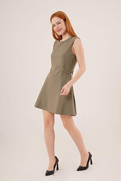 buğrahayalin    Zero Sleeve Khaki Mini Dress with Chain Detail on the Sides