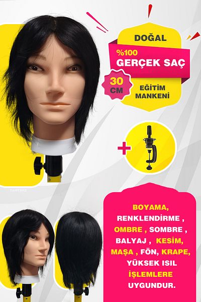 TAM TARZ 100% Real Hair Male Hairdresser Training Mannequin + Table Apparatus / Black / 30 cm