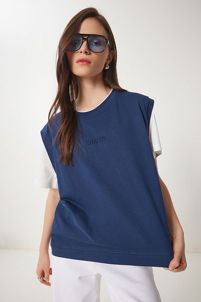 Lovelyİstanbul Tricou tricotat din bumbac de culoare contrastantă ALBASTRU ÎNCHIS LCR0033