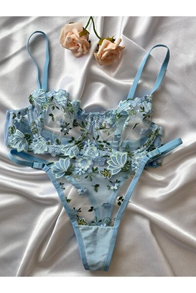Mavi Çiçekli Dantelli Bralet Sütyen Takımı