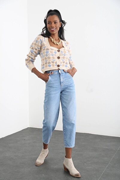 eymenn butik Kadın Açık Mavi Yüksek Bel Mom Pantolon Kot Pantolon