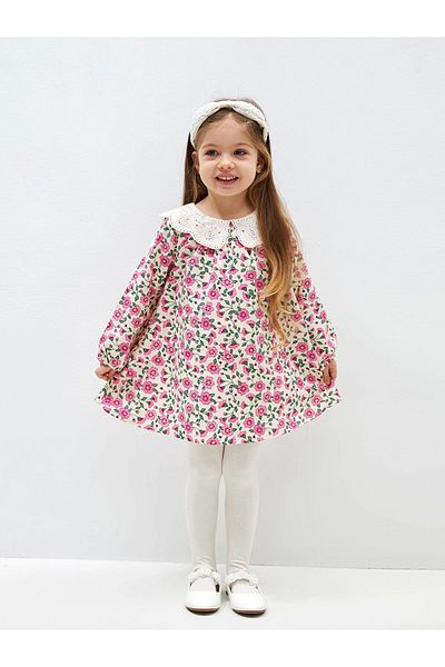 LC Waikiki Floral Patterned Baby Collar Short Sleeve Dress for Baby Girl