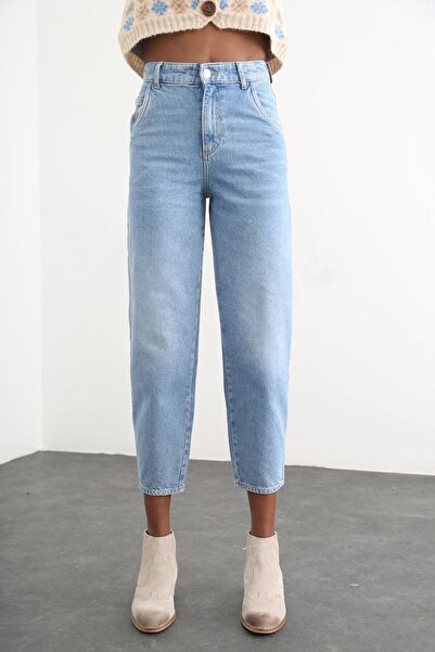 eymenn butik Kadın Açık Mavi Yüksek Bel Mom Pantolon Kot Pantolon