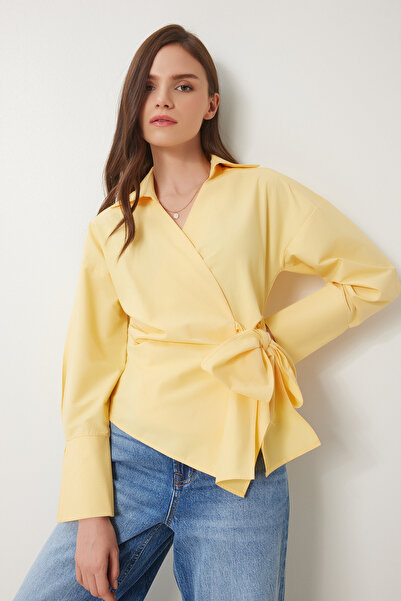 Lovelyİstanbul أصفر LUS0093 بلوزة البوبلين ذات الياقة القميصية