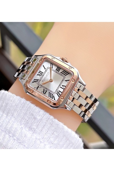 Ferrucci ساعة يد نسائية مربعة بسلك فولاذي بأرقام رومانية