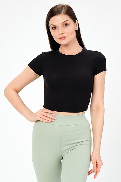 PUNKY CAT Women's Black Crew Neck Short Sleeve Basic Ribbed T-Shirt