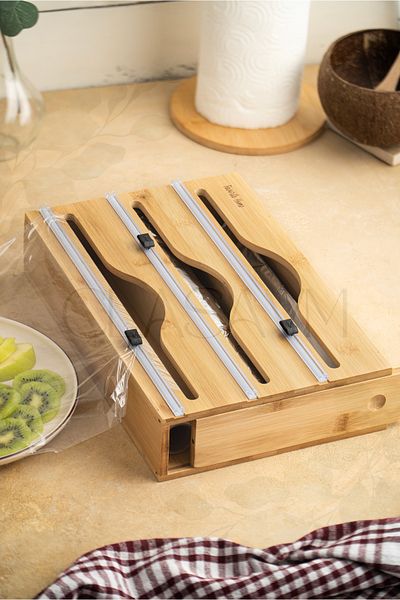 clasavm 3 Compartment Stretch Foil Cutting Box |   Bamboo Cling Film Foil Cutter Organizer