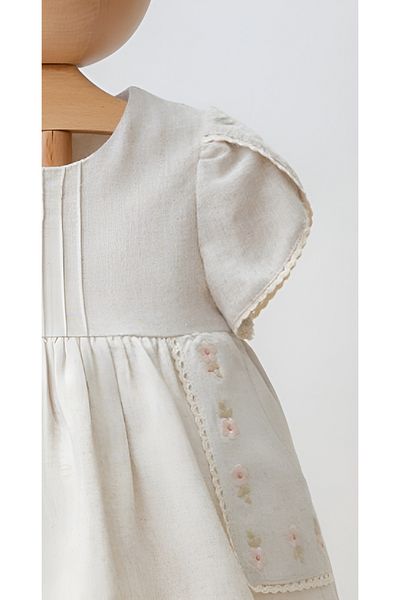 Mymio Girl's Linen Dress with Sleeve Detail and Embroidered Pockets - Lined - Embroidered Linen Dress