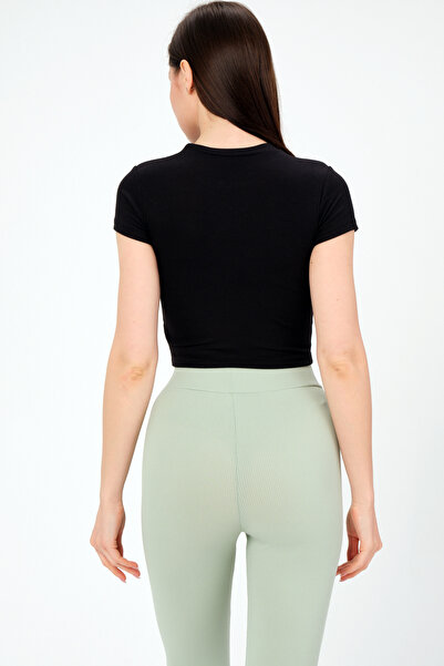 PUNKY CAT Women's Black Crew Neck Short Sleeve Basic Ribbed T-Shirt