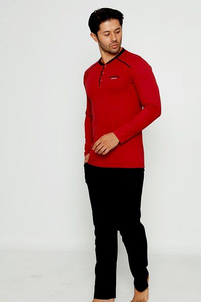 ALİMER Men's Claret Red Embroidery Crest 3 Button Pocket Long Sleeve Pajama Set Edy1129uk-b