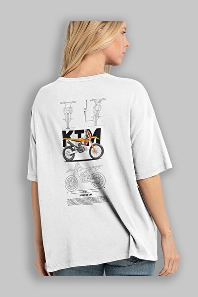 Ankhises KTM 250 EXC Πίσω εμπριμέ λευκό μπλουζάκι Oversize βαμβακερό λαιμόκοψη Ανδρικά Γυναικεία