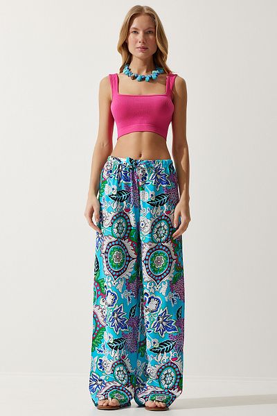 Lovelyİstanbul Patterned Flowing Viscose Palazzo Trousers Len0003 Turquoise
