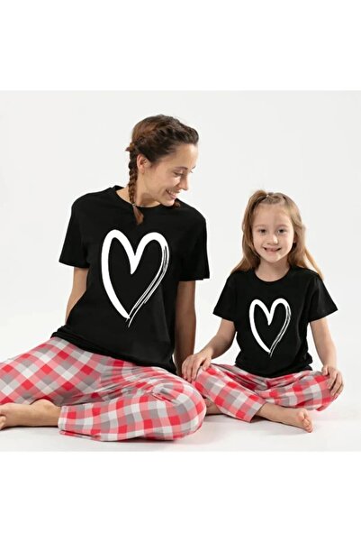 NoVibe Tricou combinat pentru mamă și copil cu imprimeu cu inimă cu design sp...