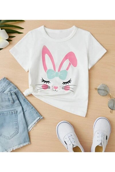 NoVibe Tricou pentru copii, alb, din bumbac, cu imprimeu cu iepure dulce, sup...