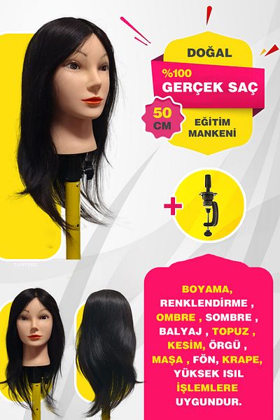 KONAK PERUK 100% Real Hair Hairdresser Training Mannequin + Table Apparatus - Black - 50 cm