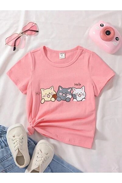 NoVibe تي شيرت بناتي مقاس كبير مطبوع عليه Hello Cats باللون الوردي للأطفال