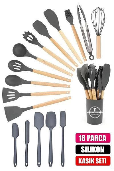 Berdina Home 18Piece Silicone Ladle Colander Spoon Brush Beater Spatula Tongs Serving Set Kitchenware with Bamboo Handle