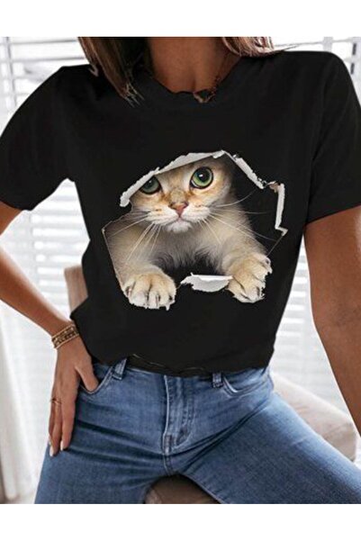 NoVibe Μπλουζάκι 3d Cat T-shirt με γραφικό 3d σχέδιο με στρογγυλή λαιμόκοψη