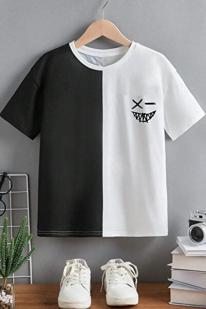 NoVibe Smile Printed Black and White Pieced Oversize Crew Neck Children's T-s...