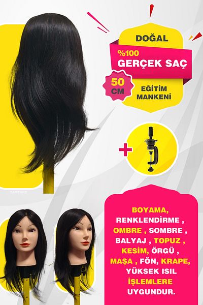 KONAK PERUK 100% Real Hair Hairdresser Training Mannequin + Table Apparatus - Black - 50 cm