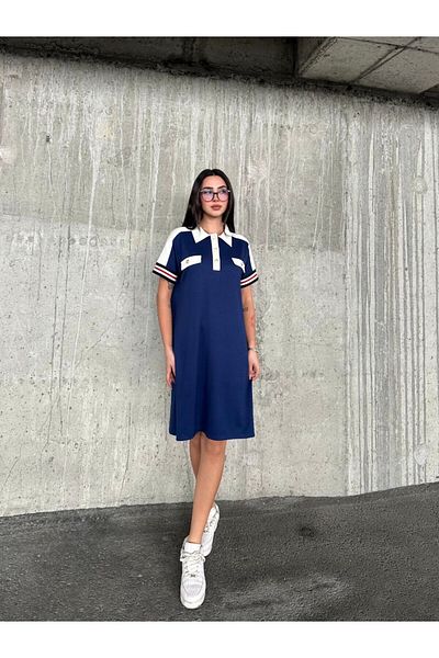 sportiness Garnish Buttoned Polo Collar Sleeve Striped Modal Fabric Dress
