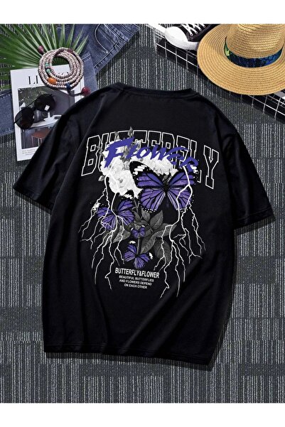NoVibe Flower & Butterfly Flower & Butterfly Printed Oversize T-shirt