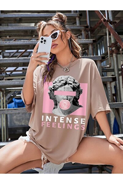 NoVibe Tricou oversize unisex cu imprimeu Intense Feelings de mărime mare - T...
