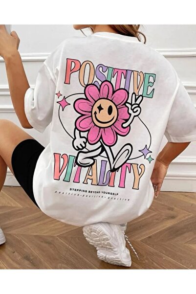 NoVibe Tricou oversize din bumbac cu imprimeu Positive Vitality