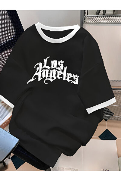Revasser Unisex Erkek/Kadın Siyah Beyaz Yaka LosAngeles Özel Baskılı Oversize Pamuklu T-Shirt Tişört