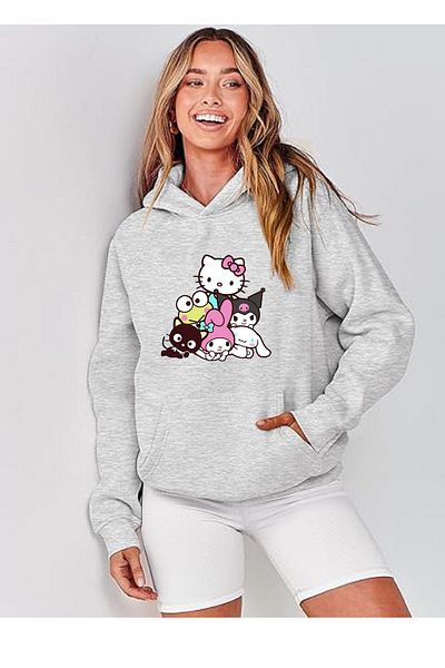 makiteks Hanorac supradimensionat pentru femei cu glugă, buzunar cangur, Bestfriends Kuromi Hello Kitty