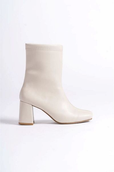 İA İLERİADIM Γυναικείες μπότες με τακούνι σε μπεζ Stretch Blunt Toe