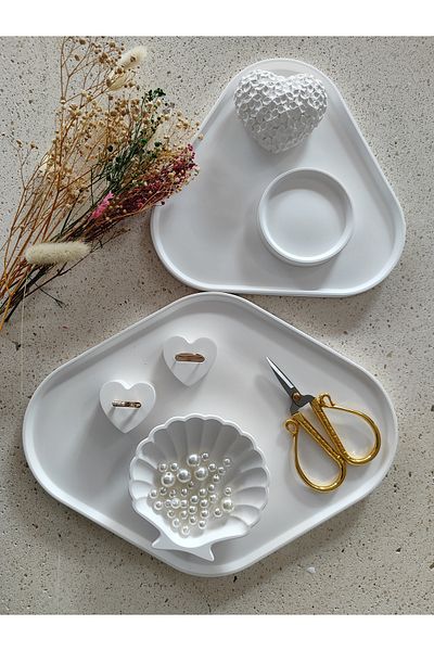 Minima Art Studio Decorative Promise Engagement Ring Tray Set. Ring Holder Oyster Dish Heart Trinket