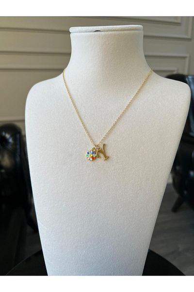 Store Y Letter Necklace - with Flower Charm and Chain