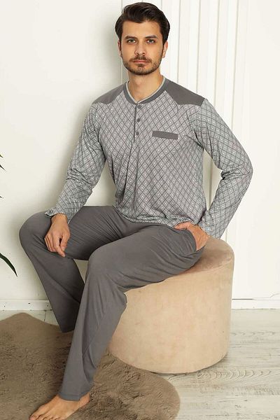 ALİMER Men's Gray O-Neck Plaid Buttoned Long Sleeve Pocket Plus Size Pajama Set Edy1179ukb-g