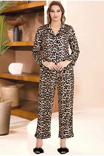 İpek Women's Long Sleeve Front Buttoned Satin Leopard Pattern Pajama Set