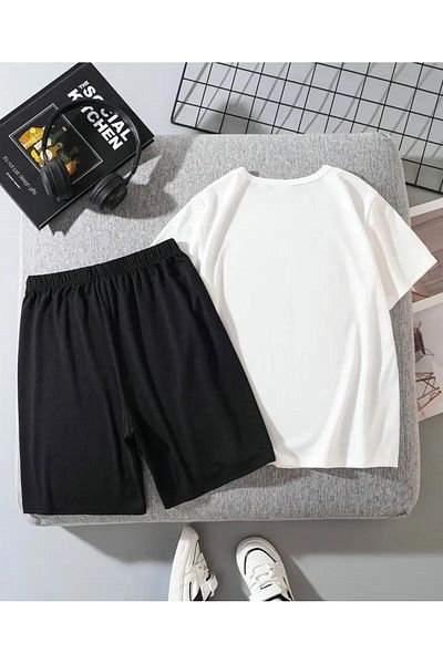 vinraus Girl\Boy White Game Console Cool Printed Shorts-Tshirt Set