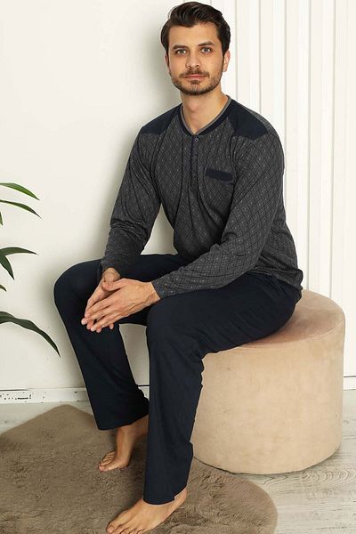 ALİMER Men's Smoked O-Neck Plaid Buttoned Long Sleeve Pocketed Plus Size Pajama Set Edy1179ukb-f