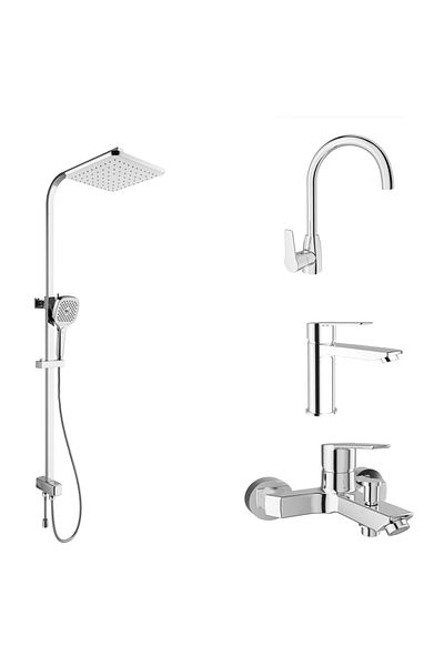 KALE Mare Bathroom + Basin + Kitchen Faucet and Rain Square Push Button Shower Bar