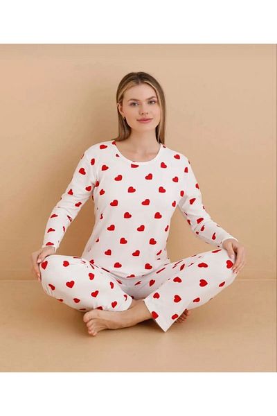 ESM Noche Women's Pajama Set - Heart Pattern - Viscose Fabric - Bottom Top Set