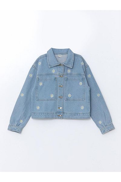 LC Waikiki LCW Kinder-Jeansjacke mit Hemdkragen und Blumenstickerei für Mädchen