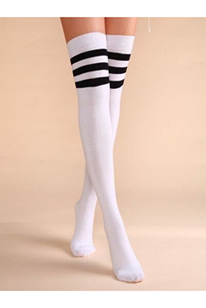Shuttle Park Special Series Women's Extra Long White Black Striped Knee High Socks