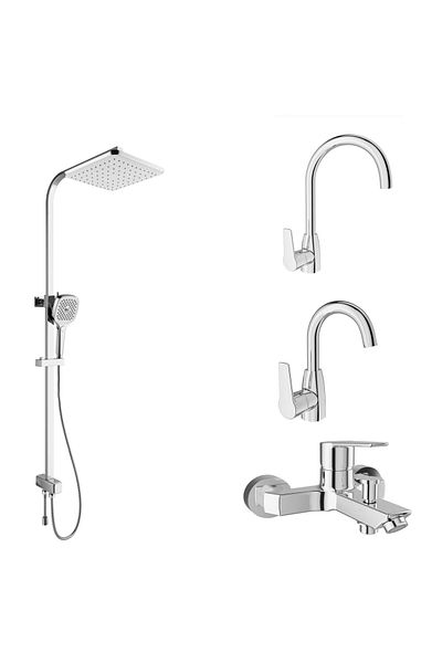 KALE Mare Bathroom + Rotating Sink + Kitchen Faucet and Rain Square Push Button Shower Bar