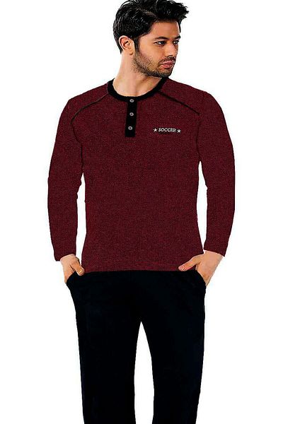 ALİMER Burgundy O Neck Placket Buttoned Long Sleeve Pocket Jacquard Plus Size Men's Pajama Set Edy1137ukb-b
