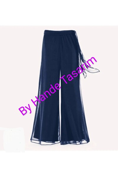 BY HANDE TASARIM Жіночі штани з еластичним поясом, синього кольору, з шифону, з широкими штанинами та підкладкою