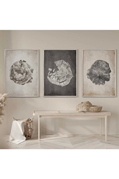 KOLAJTASARIM Bohem Ağaç Dokulu Krem Tonlu Gümüş Metal Çerçeveli Cam Tablo /S