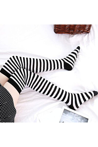 Shuttle Park Special Series Women's Extra Long Black White Black White Striped Knee High Socks