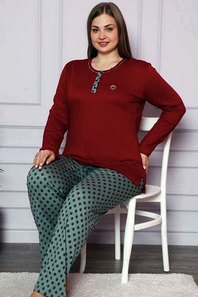 ALİMER Burgundy Crew Neck Plaid Long Sleeve Embroidered Plus Size Women's Pajama Set Edy2634ukb-b