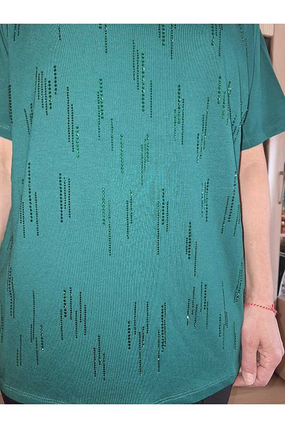 HaiModa Women's Mother Combed Cotton Blouse Large Size Front Stone Short Sleeve U Neck