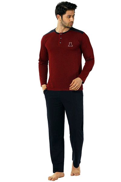 ALİMER Burgundy O Neck Placket Buttoned Long Sleeve Pocket Jacquard Men's Pajama Set Edy1136uk-b